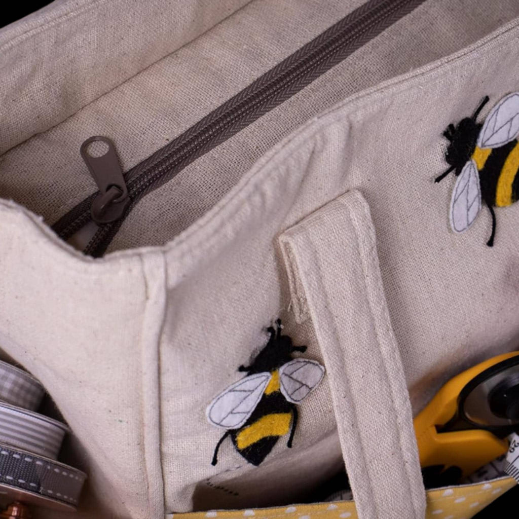 Bee Craft Storage Bag. Project Tote with Pockets and Zip Top. Applique Bee Design