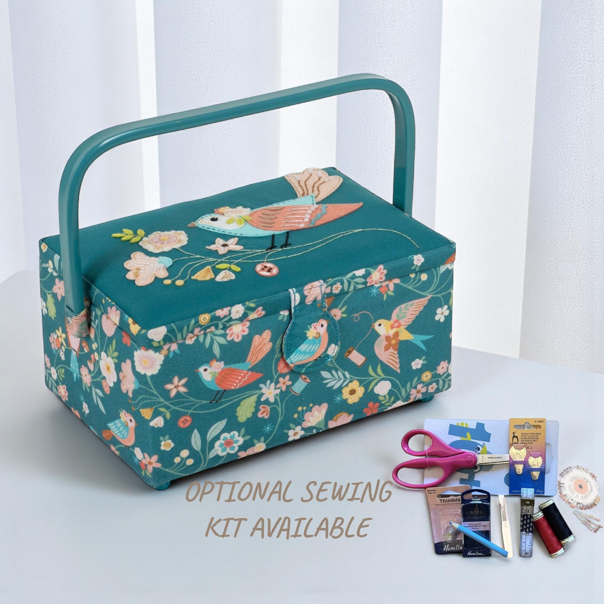 Sewing Basket Bird Aviary Embroidered Design with Optional Sewing Accessory Kit