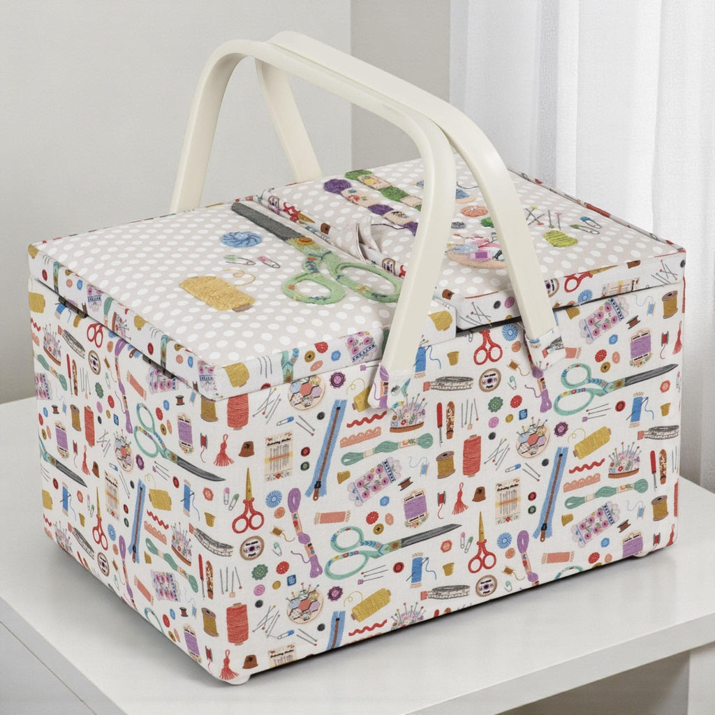 Large Twin-Lid Sewing Box Haby Notions Design  Cream Appliqué Embroidery. Sewing Storage