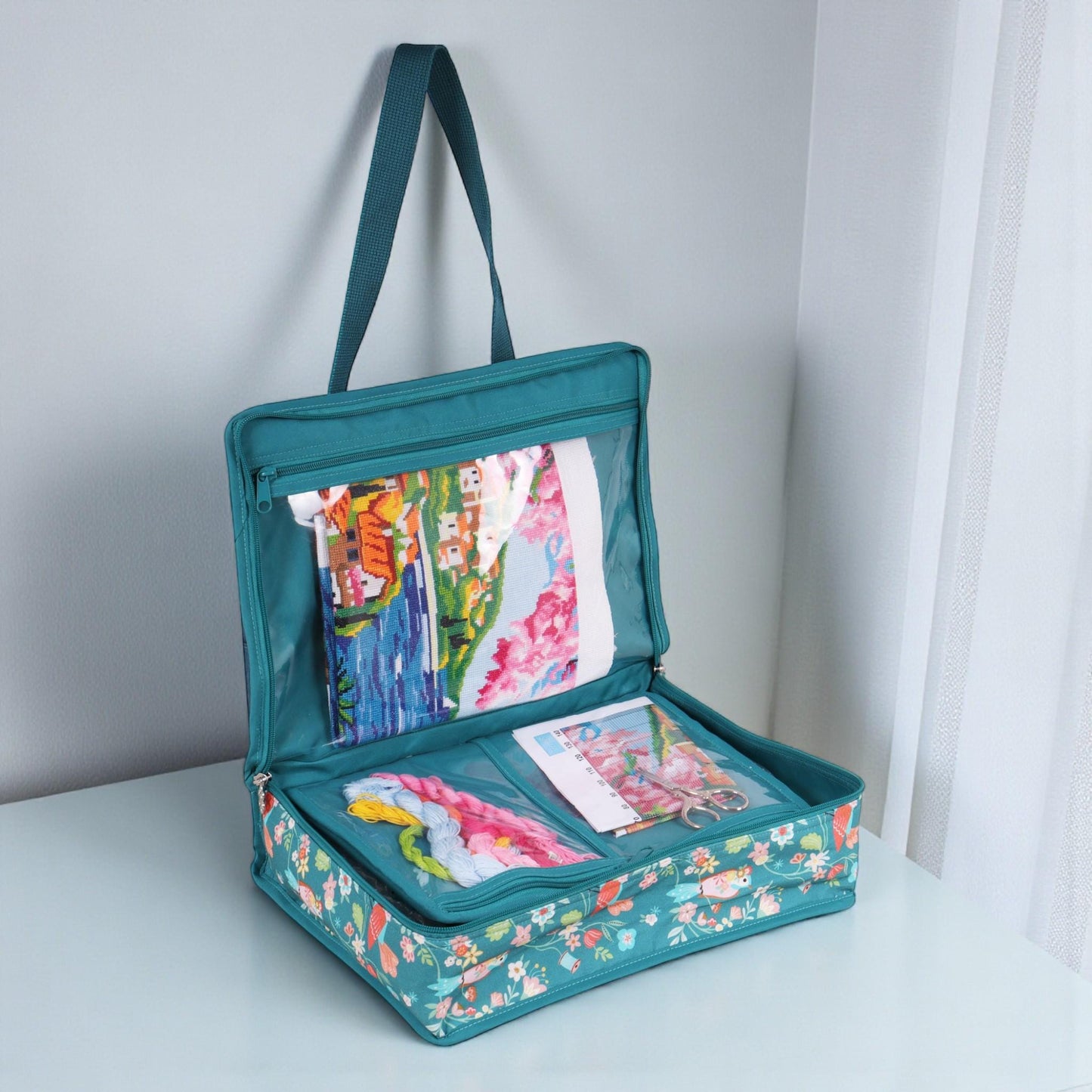 Bird Aviary Fabric Craft Bag: Turquoise Bird and Floral Project Tote