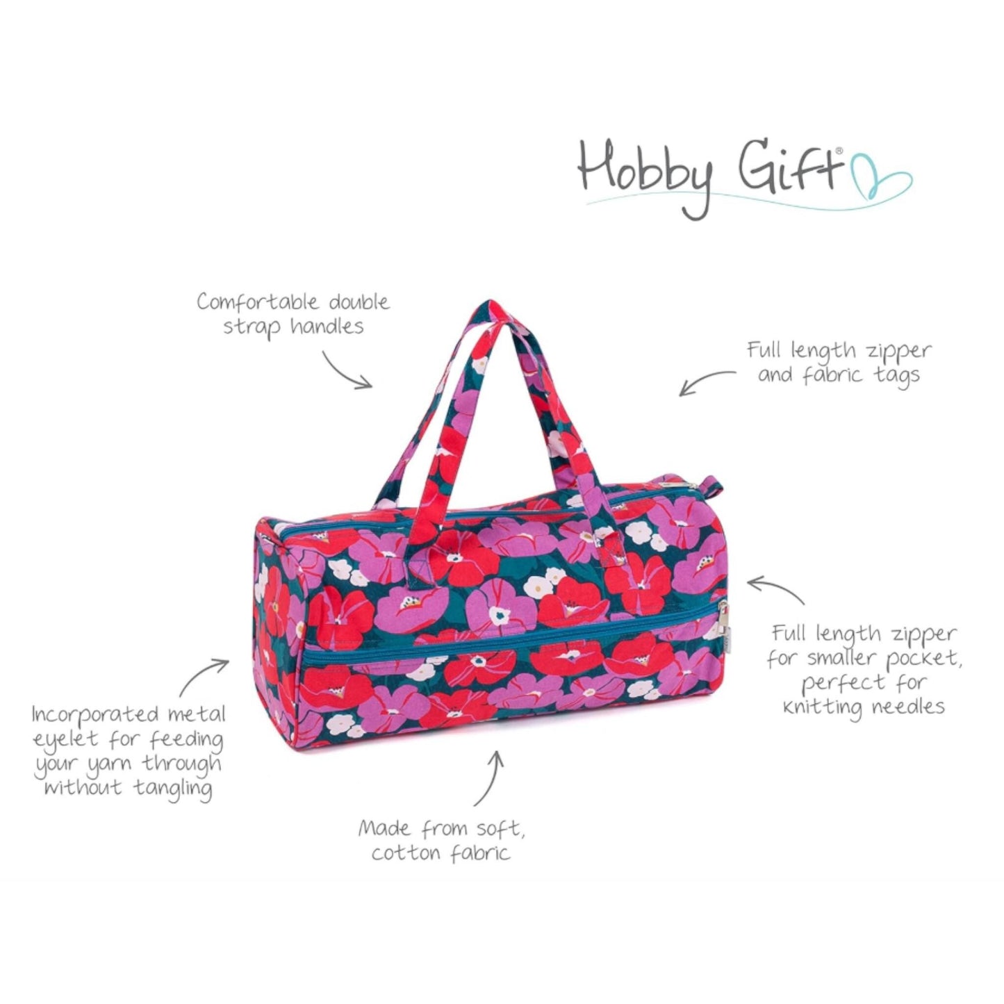 Modern Floral Knitting Bag – Cotton Yarn Storage with Zip Pocket & Handles