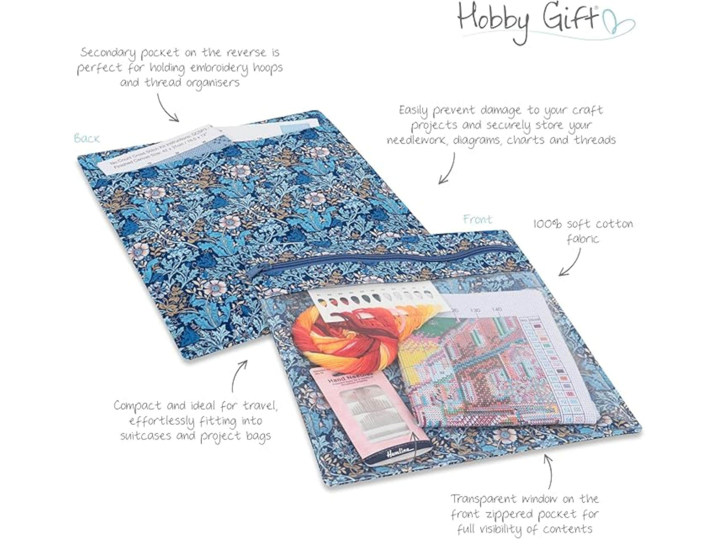 Blue Floral Project Pouch with Clear Zip Pocket – Cotton Sewing & Craft Storage Bag