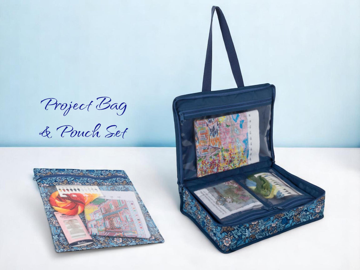 Project Craft Bag & Pouch Set ~ Woodblock Floral Design Storage Set Blue