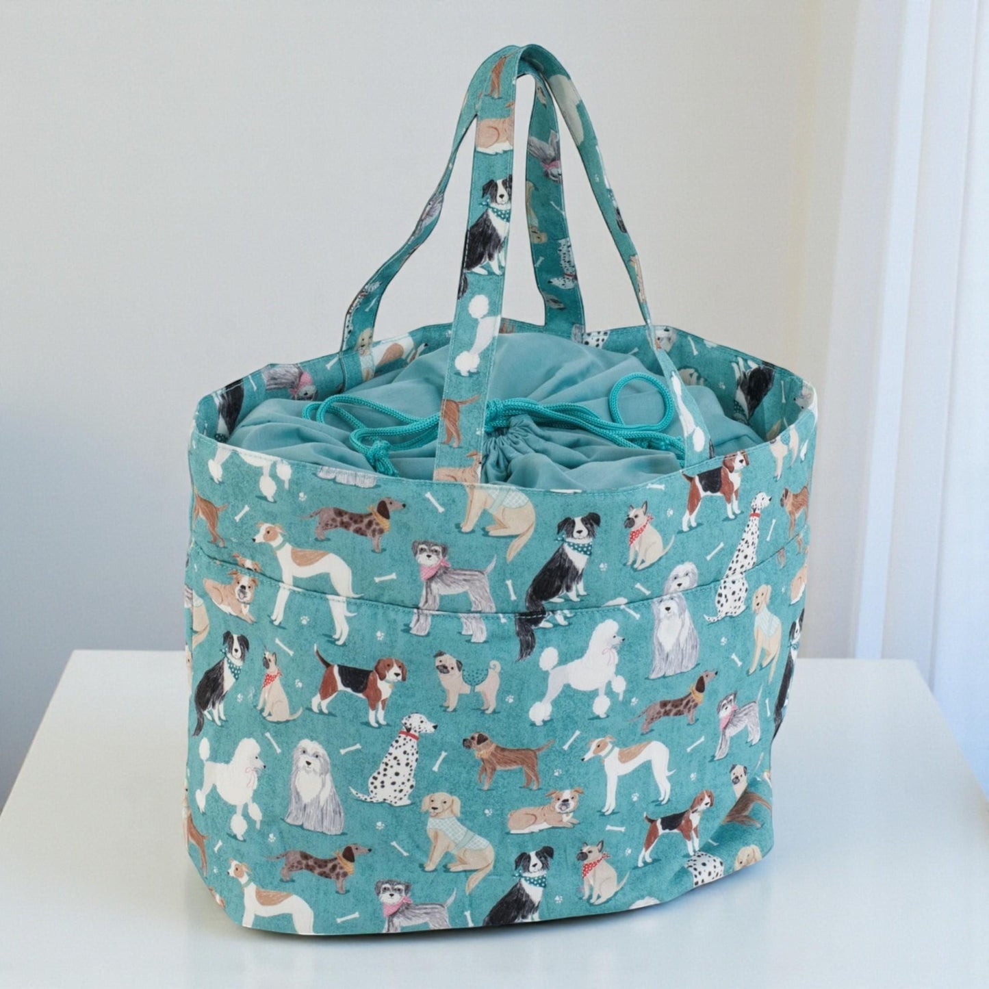 Dogs Knitting & Craft Storage Bag. Cotton Padded Tote with Drawstring