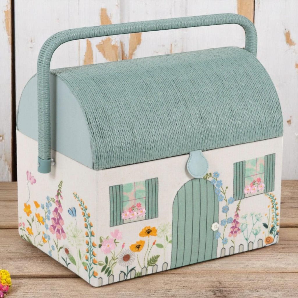 Country Cottage Sewing Box. Embroidered Floral Sewing Basket. Cottagecore Storage with Tray & Handle