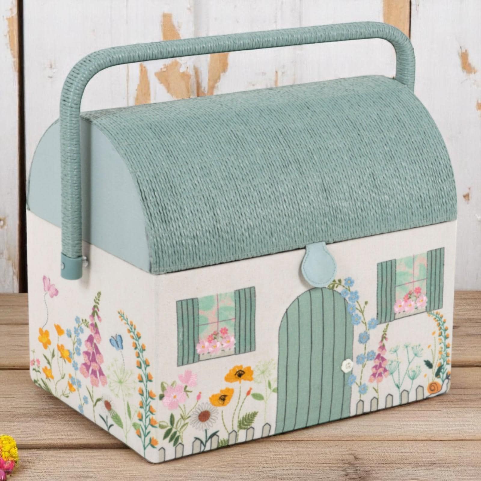 Country Cottage Sewing Box. Embroidered Floral Sewing Basket. Cottagecore Storage with Tray & Handle