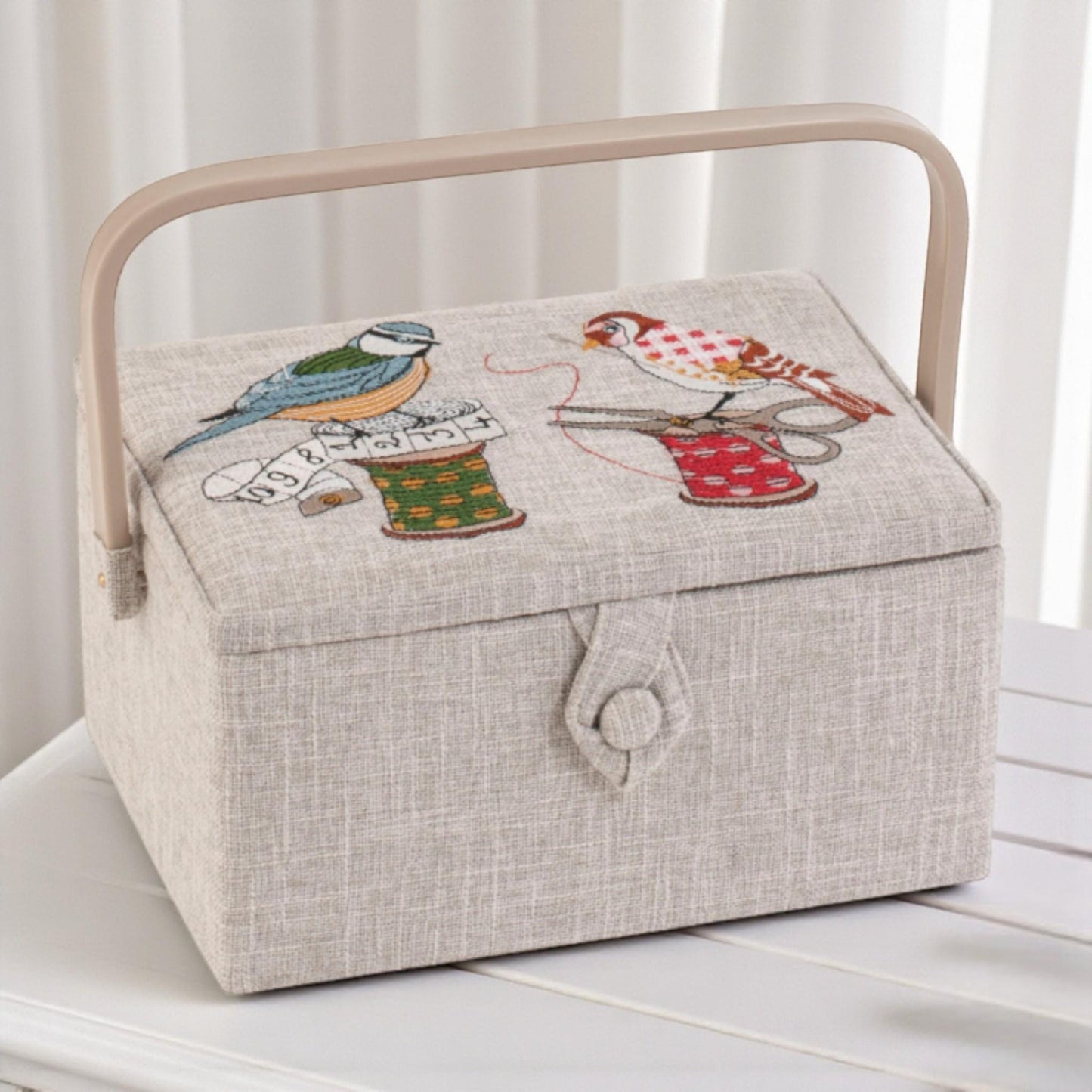 Sewing Basket ‘Birds on a Bobbin’ Design with Embroidered Lid  and optional Sewing Kit