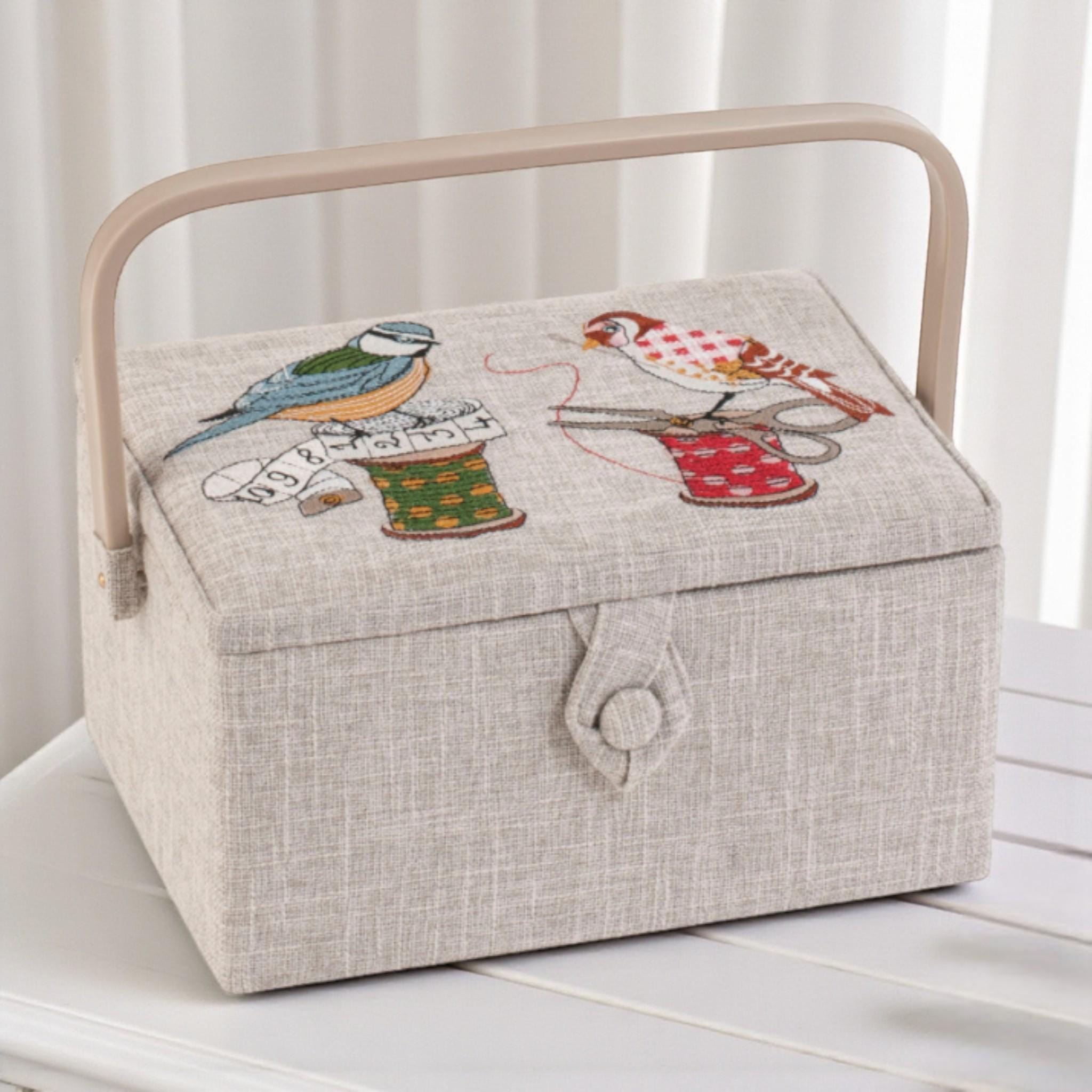 Sewing Basket ‘Birds on a Bobbin’ Design with Embroidered Lid  and optional Sewing Kit
