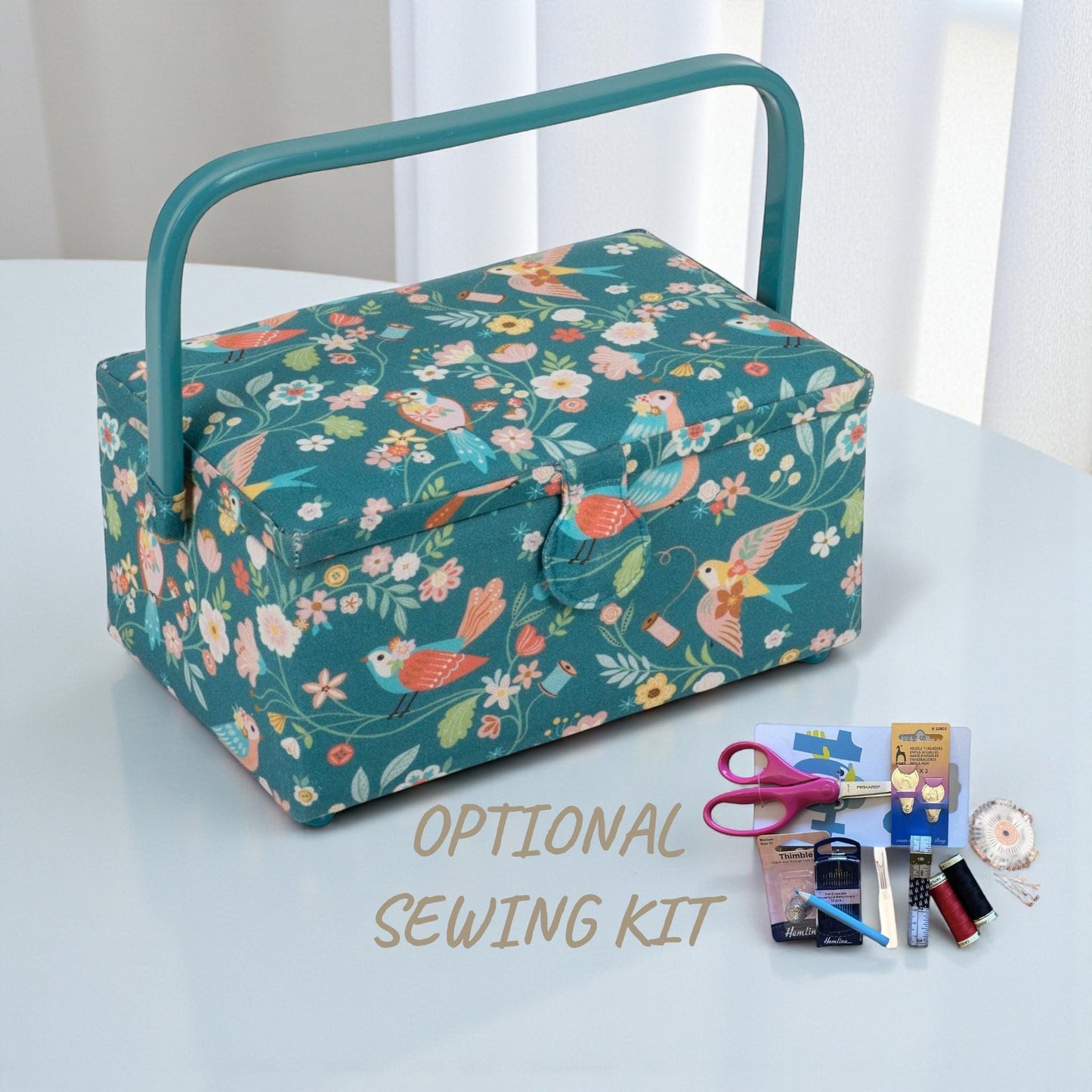 Medium Turquoise Bird Aviary Sewing Basket with Optional Sewing Accessory Kit