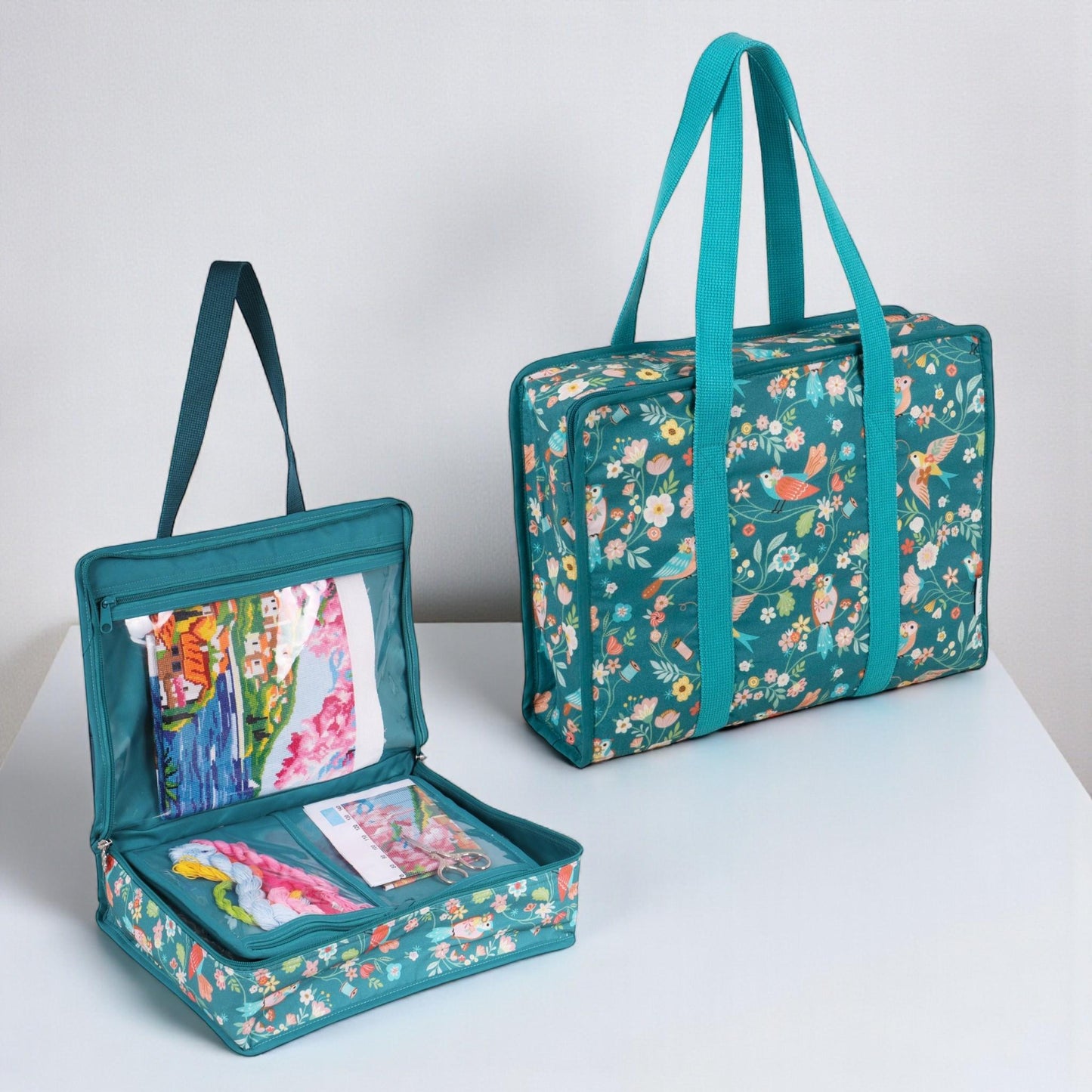 Bird Aviary Fabric Craft Bag: Turquoise Bird and Floral Project Tote