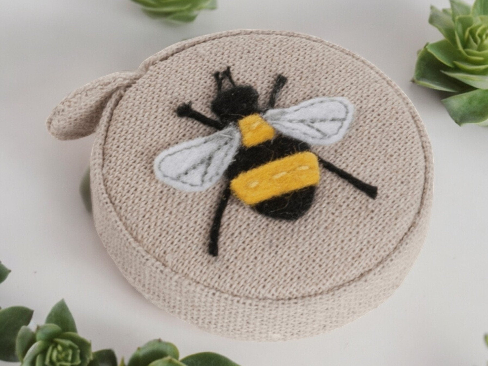 Bee Tape Measure. Appliqued handbag size tape