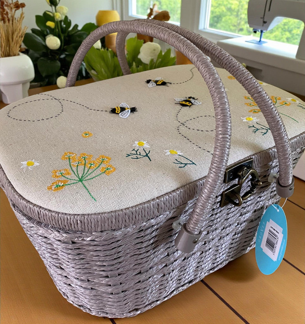 Linen Bee Wicker Sewing Basket – Large Taupe Craft Storage Box with Appliqué Bees & Flowers