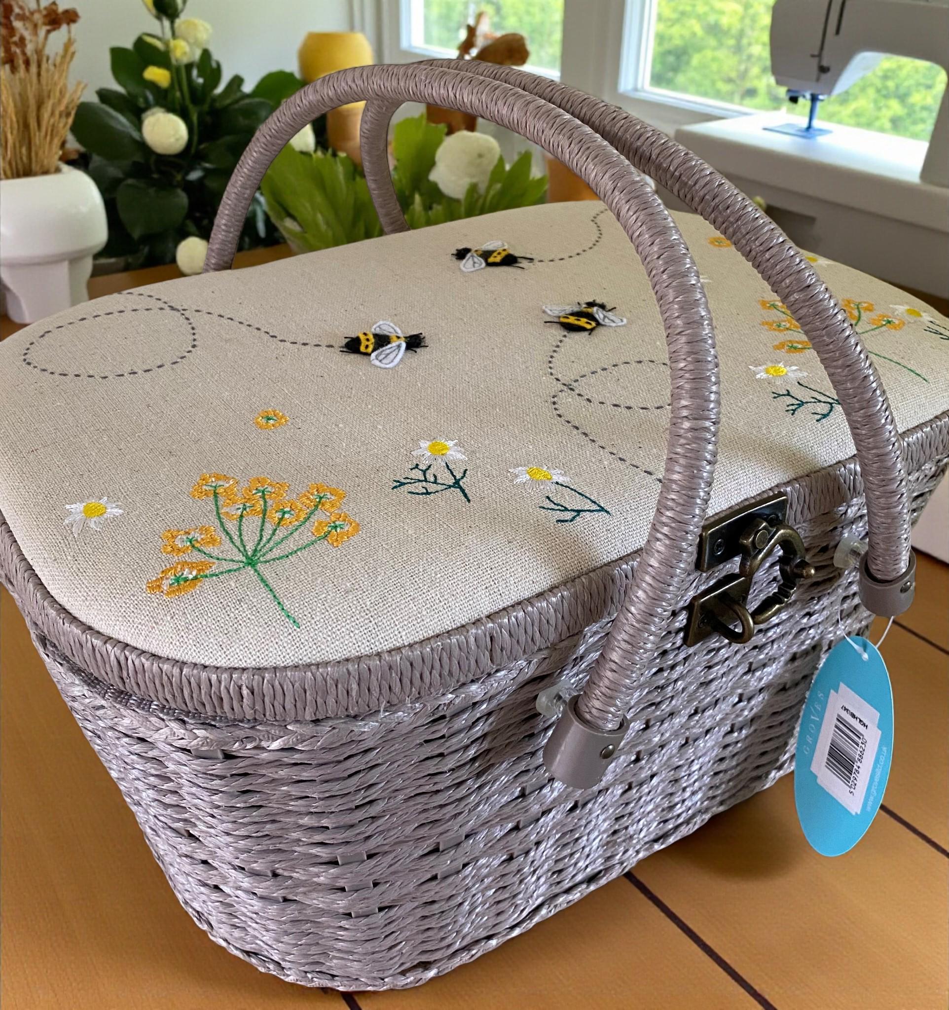 Linen Bee Wicker Sewing Basket – Large Taupe Craft Storage Box with Appliqué Bees & Flowers