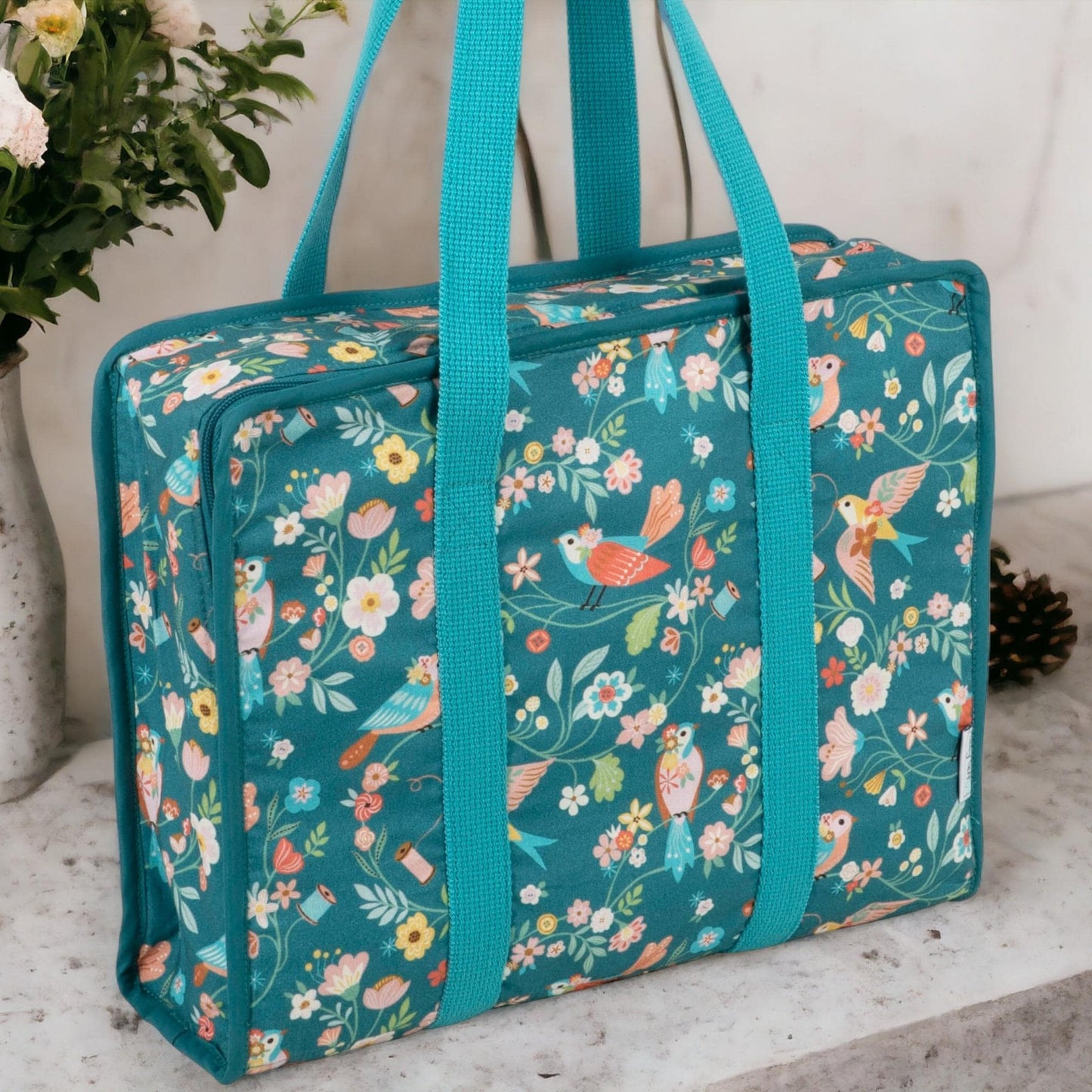 Bird Aviary Fabric Craft Bag: Turquoise Bird and Floral Project Tote