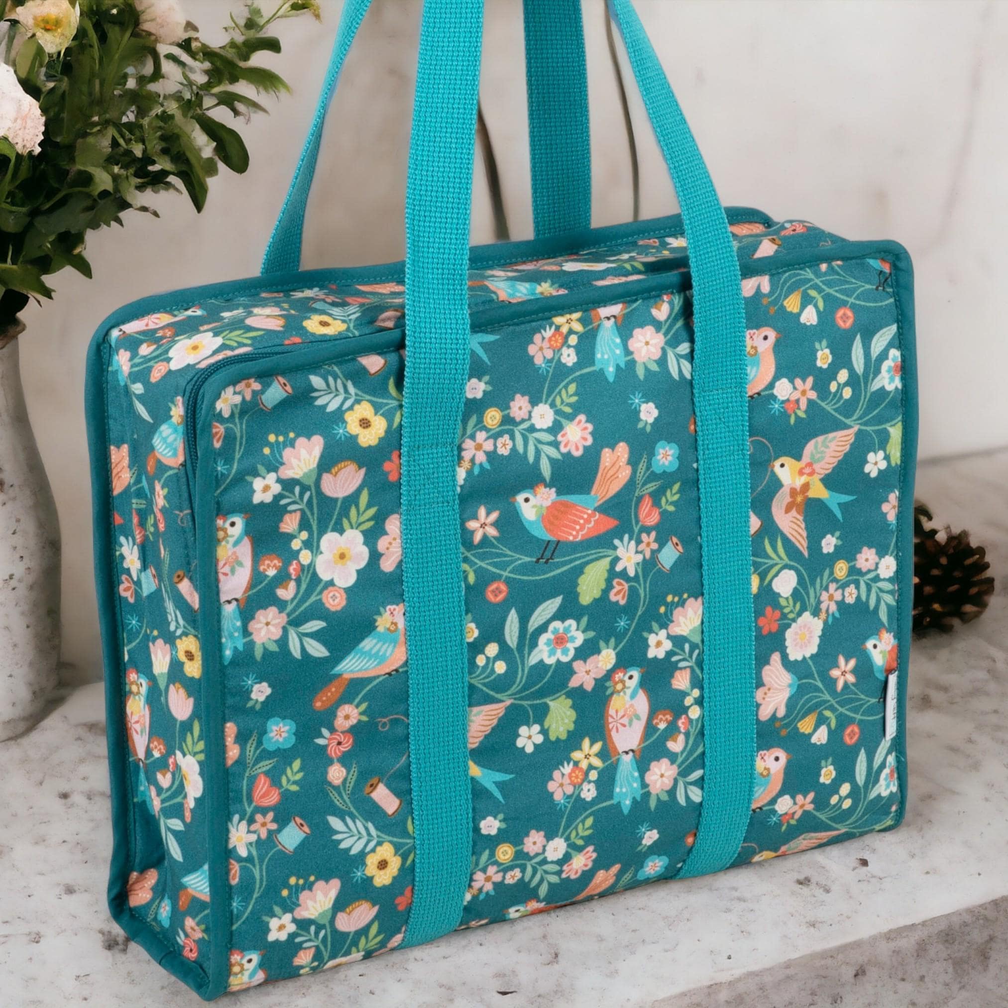 Bird Aviary Fabric Craft Bag: Turquoise Bird and Floral Project Tote
