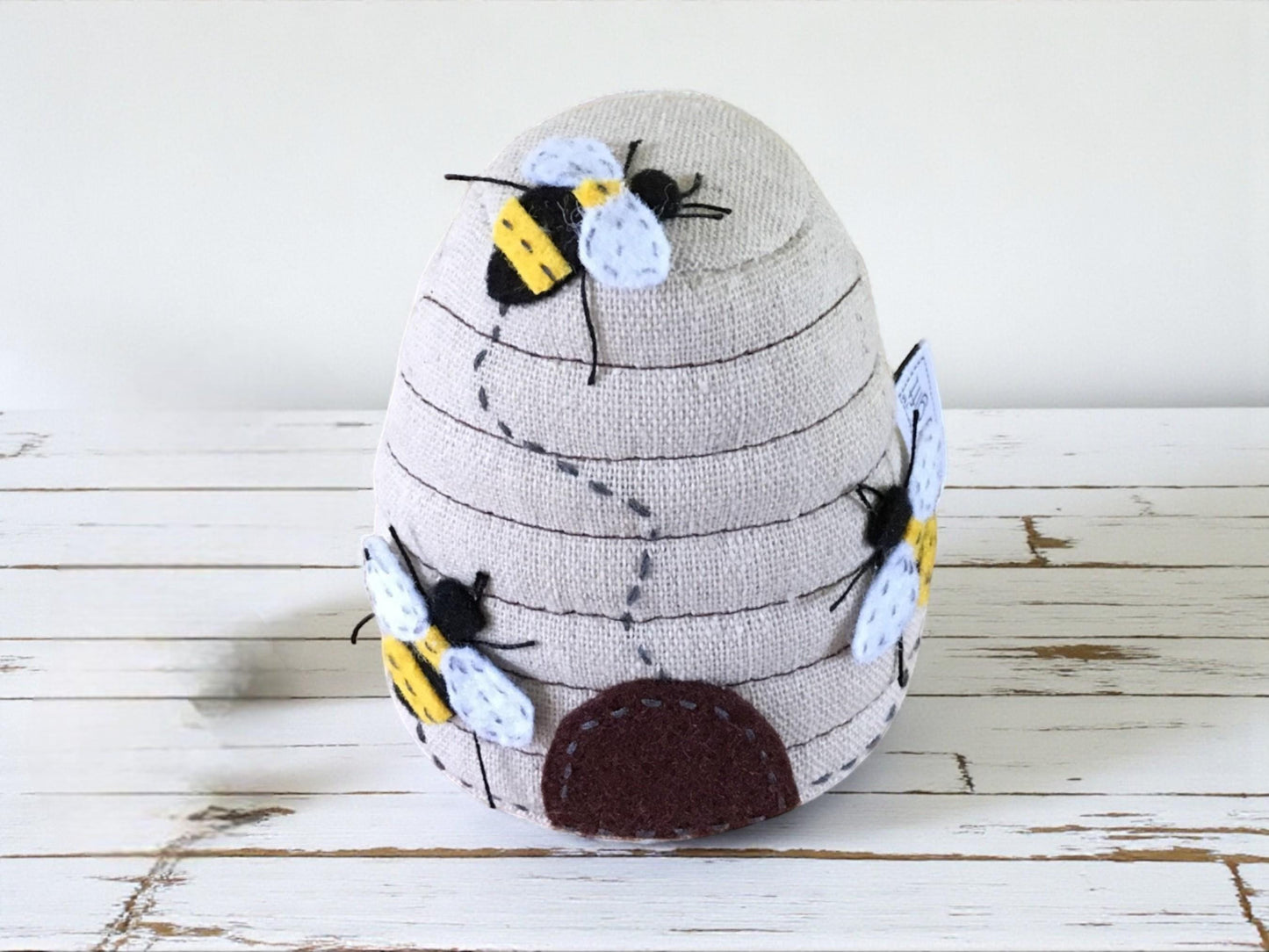 Bee Hive Sewing Basket with Pin Cushion, Appliqué Bees and Flowers