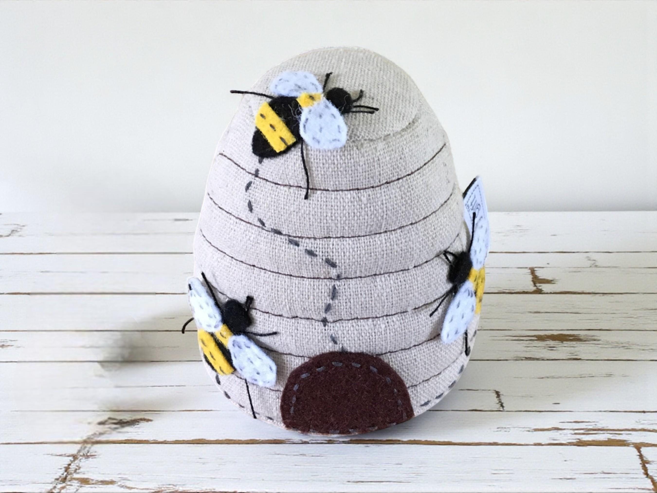 Bee Hive Sewing Basket with Pin Cushion, Appliqué Bees and Flowers