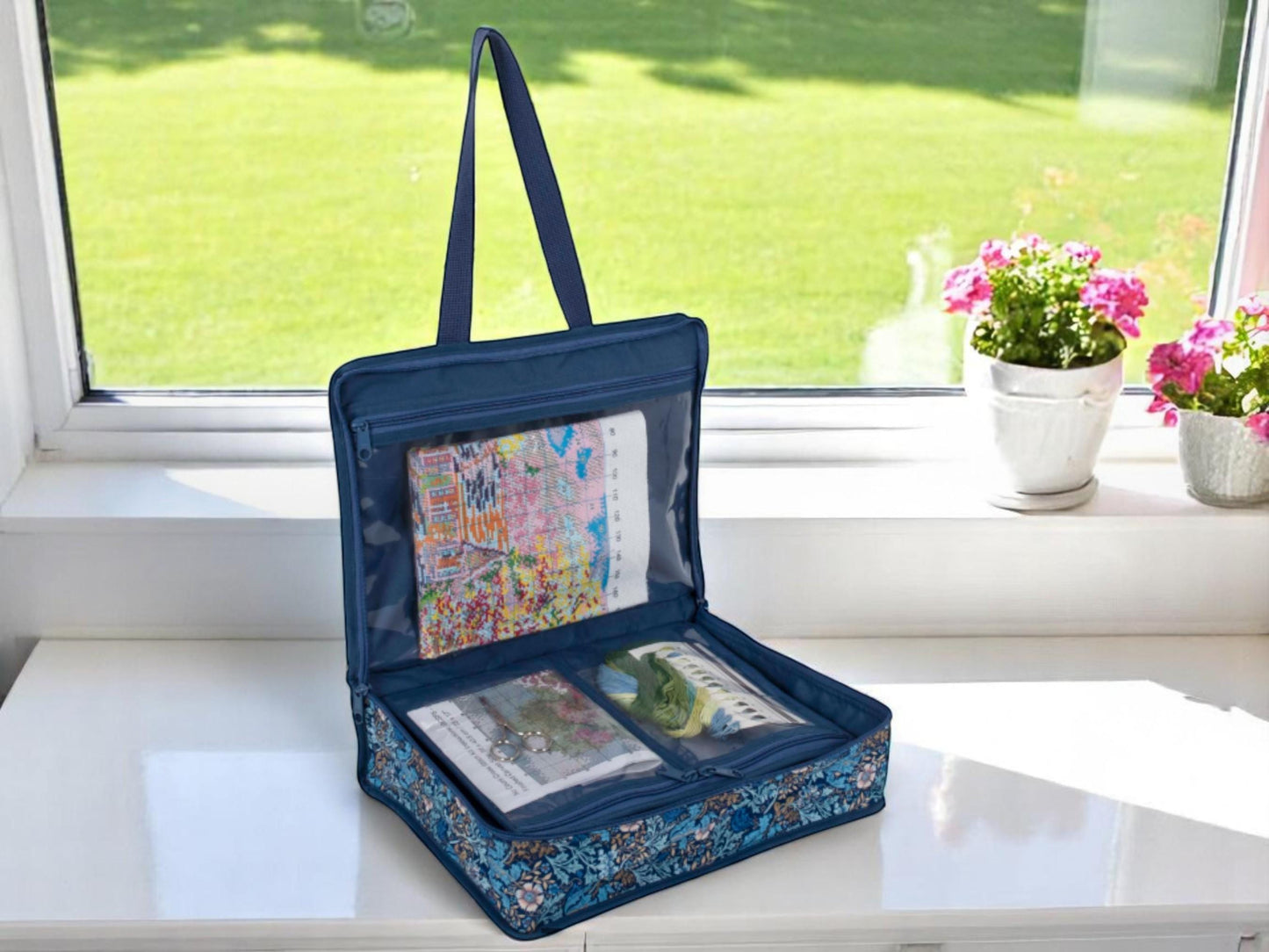 Project Craft Bag & Pouch Set ~ Woodblock Floral Design Storage Set Blue