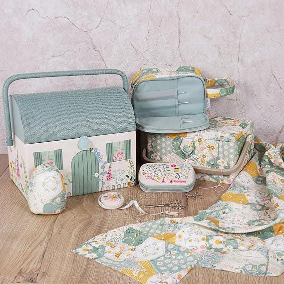 Country Cottage Sewing Box. Embroidered Floral Sewing Basket. Cottagecore Storage with Tray & Handle