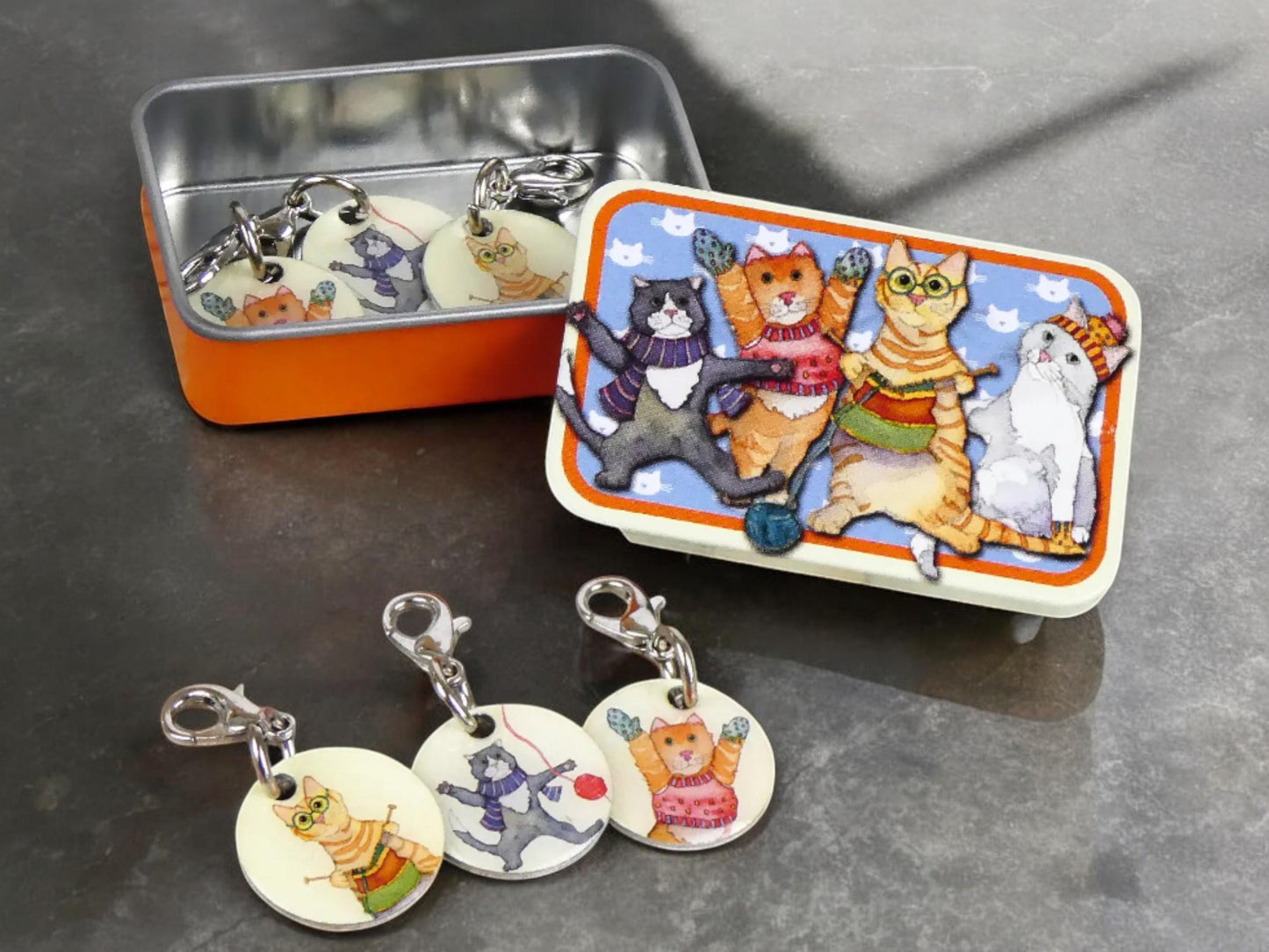 CROCHET STITCH MARKERS in a Tin. Kittens in Mittens Design by Emma Ball