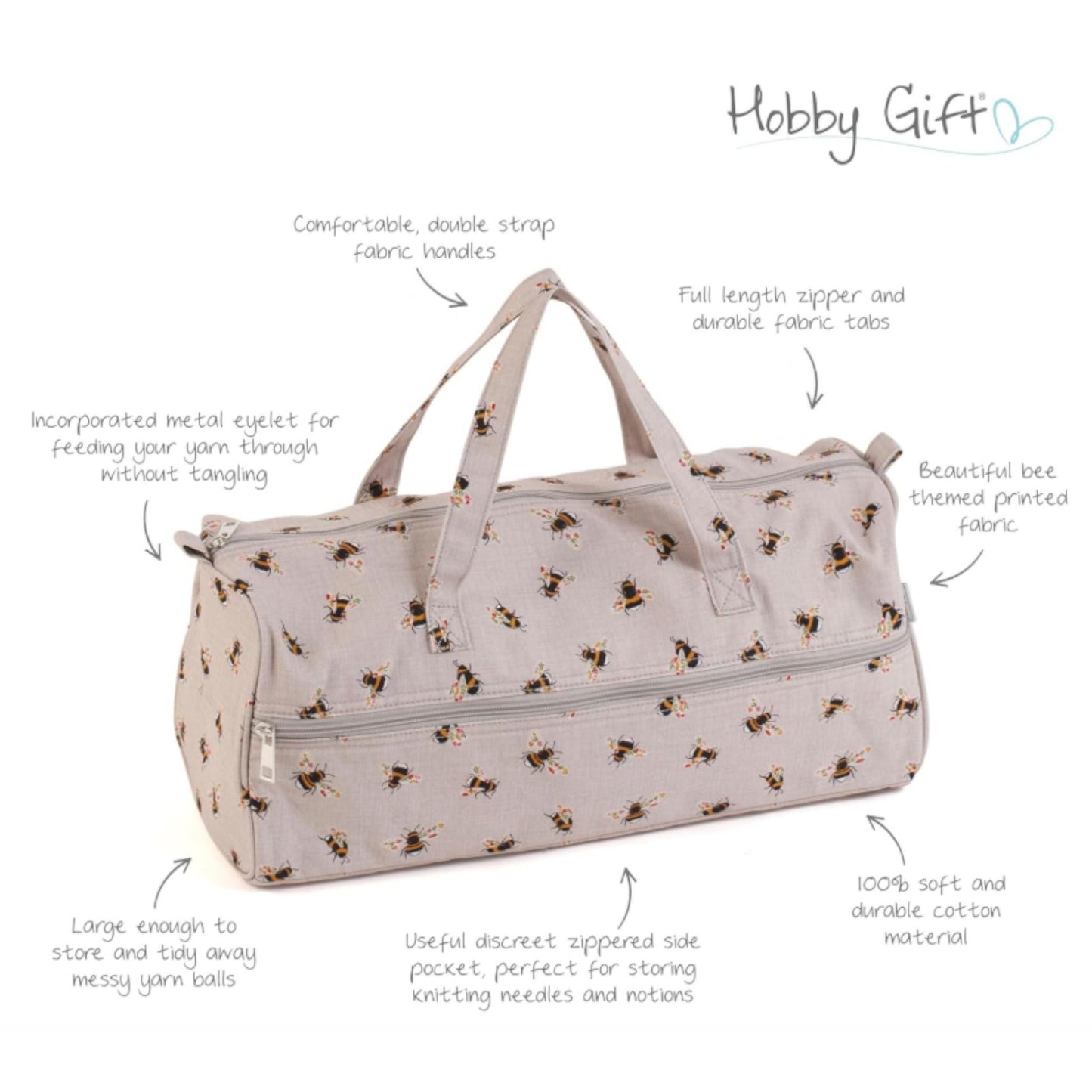 Long Knitting Bag Bee Design. Cotton Yarn Storage Tote with Zip. Knitting & Crochet Organizer