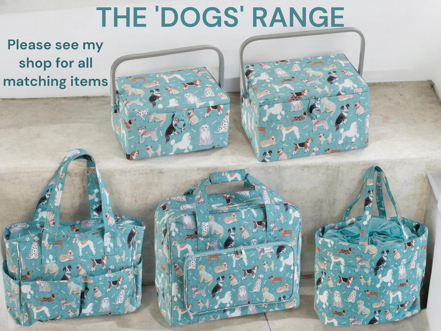 Dogs Knitting & Craft Storage Bag. Cotton Padded Tote with Drawstring