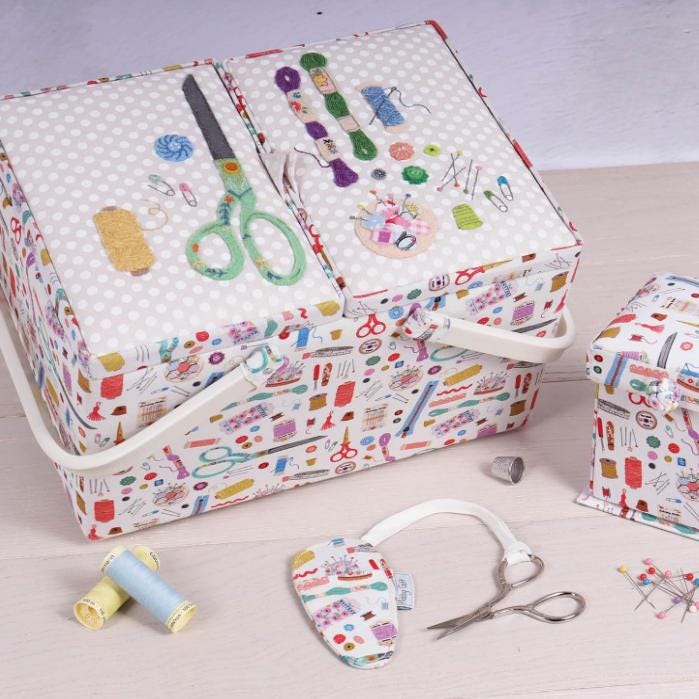Large Twin-Lid Sewing Box Haby Notions Design  Cream Appliqué Embroidery. Sewing Storage