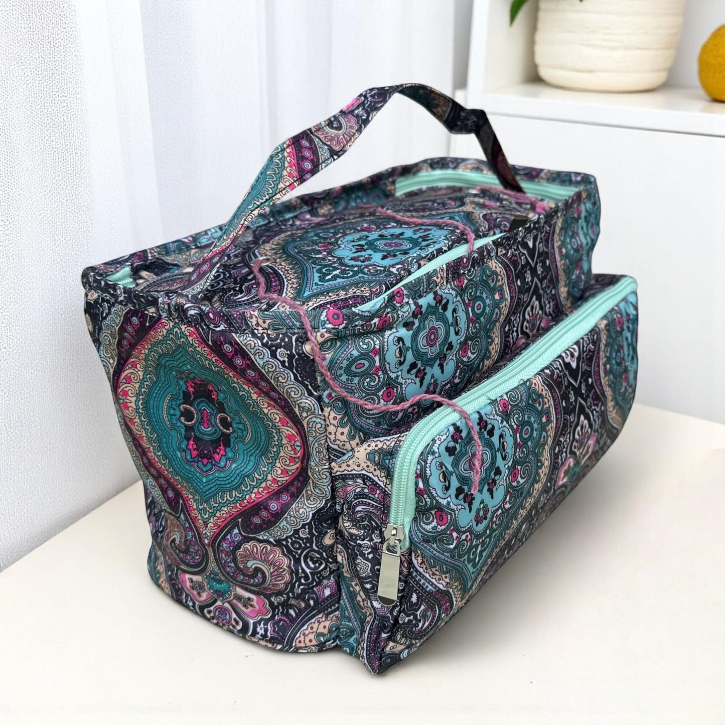 Lightweight Knitting Bag Yarn Storage. Abstract Pink & Green Pattern, 3 Feeder Holes, Front Storage Pocket