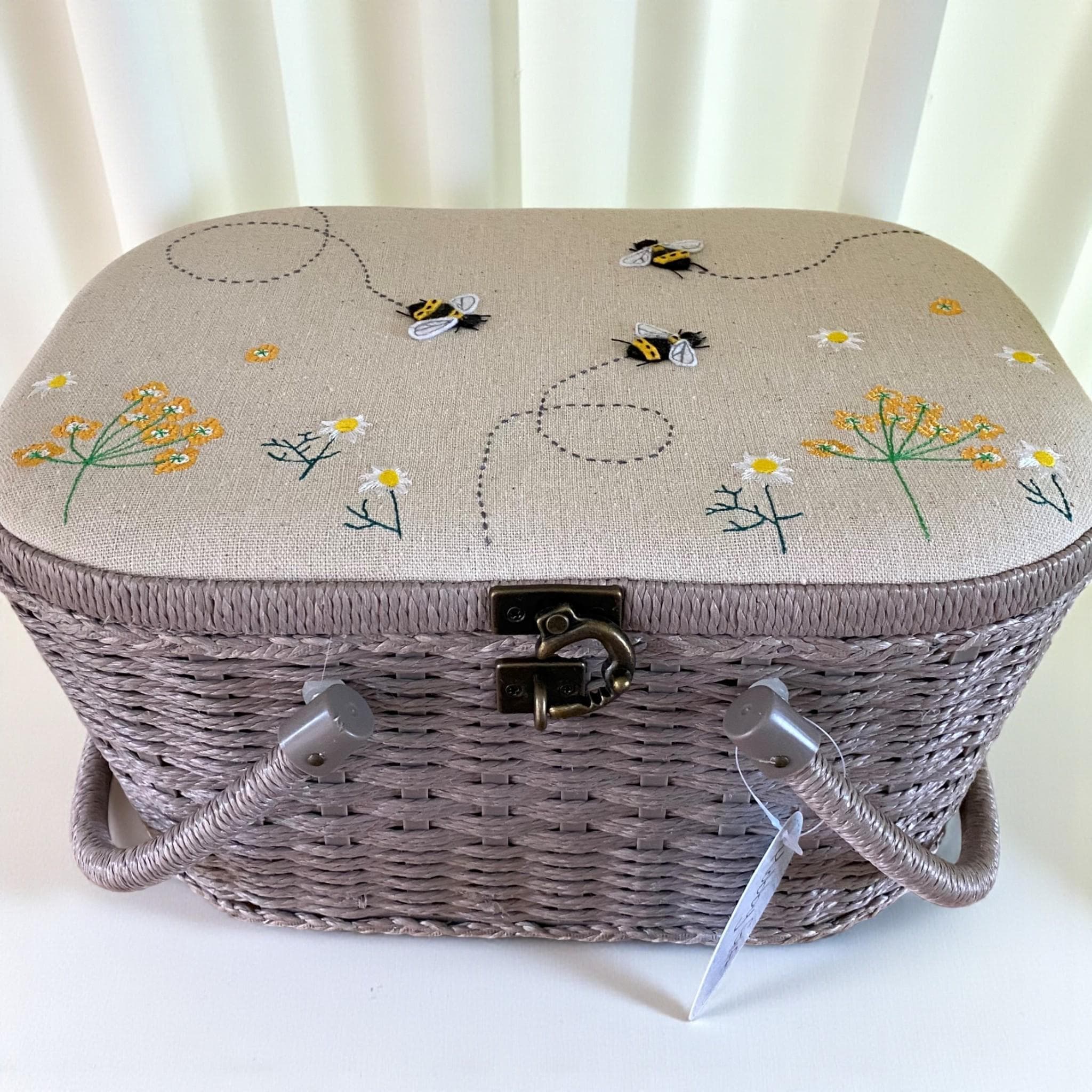 Linen Bee Wicker Sewing Basket – Large Taupe Craft Storage Box with Appliqué Bees & Flowers