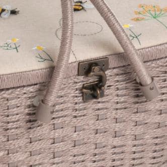 Linen Bee Wicker Sewing Basket – Large Taupe Craft Storage Box with Appliqué Bees & Flowers