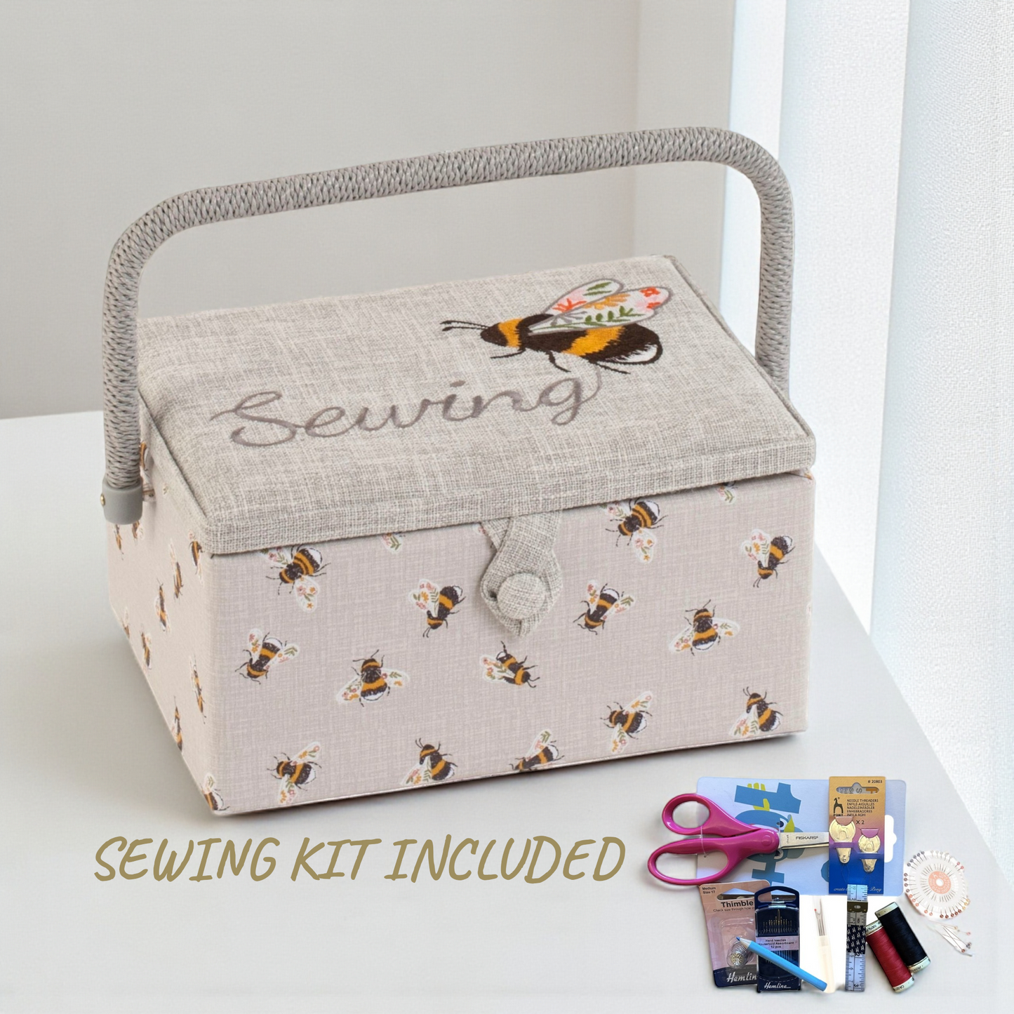 Sewing Bee Embroidered Sewing Basket Box. Optional Sewing Accessory Kit Available